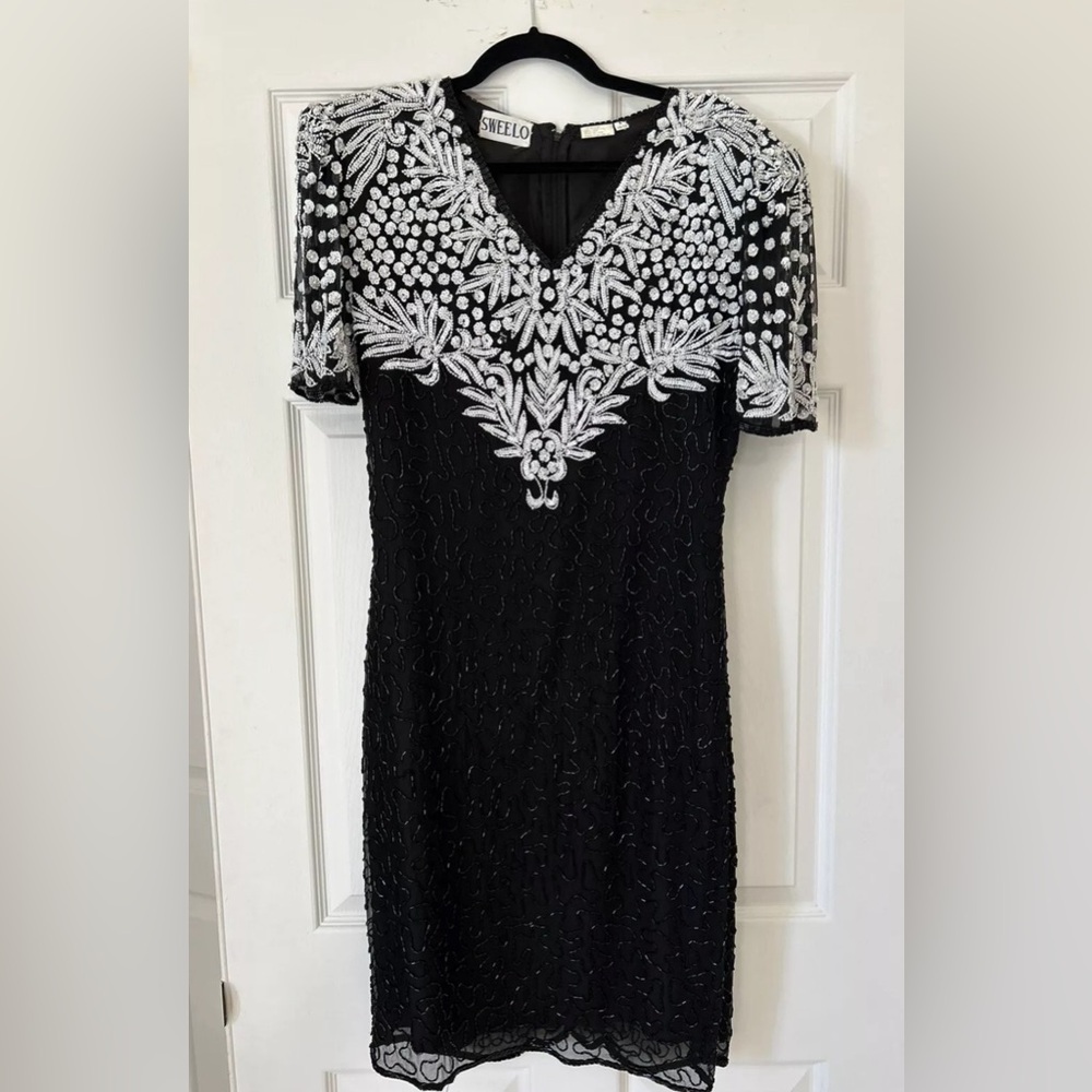 SWEE LO Sweelo Dress Black Cocktail Sequins Beads Silk L 10-12 80’s Vintage